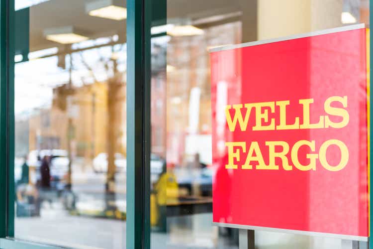 Entrance to Wells Fargo Bank branch with sign in window