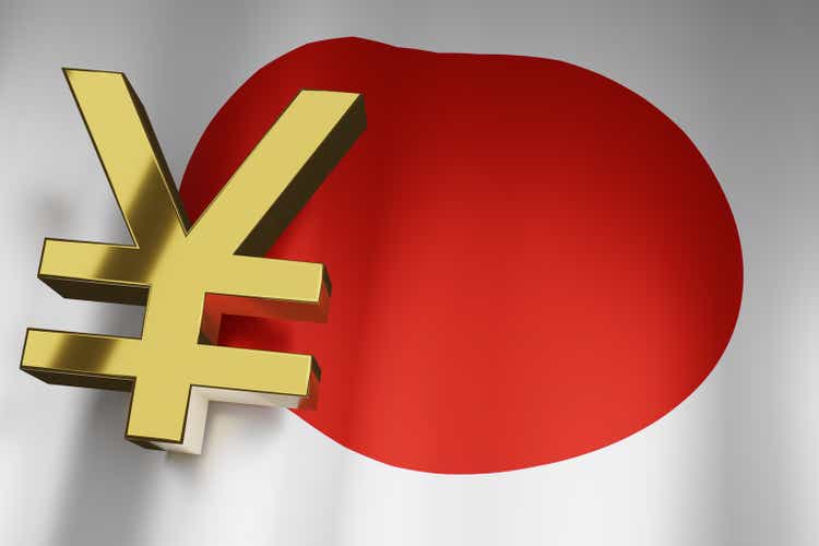 Japanese currency exchange JYP Japanese yen currency symbol on Japanese flag on business finance background, 3D rendering.