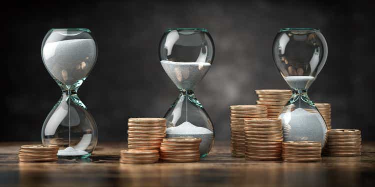 Golden coins and hourglass clock. Return on investment, deposit, growth of income and savings, time is money concept. Business success. 3d illustration