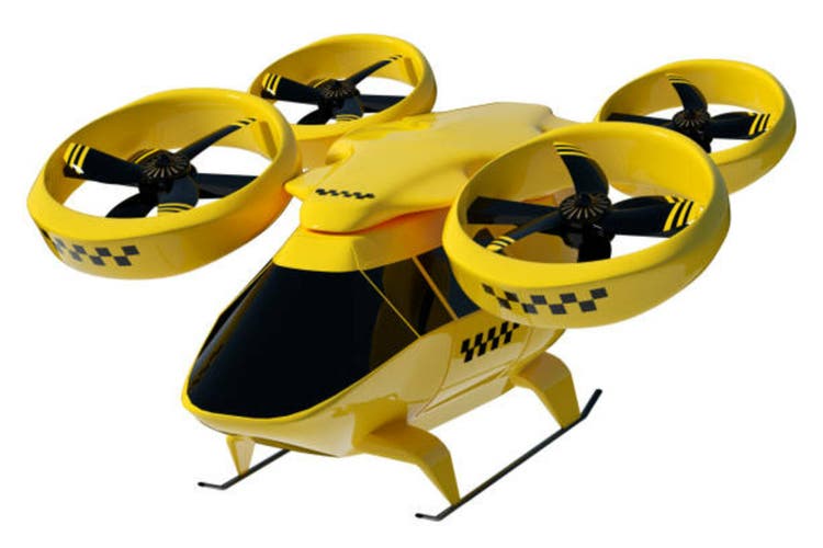 Yellow flying taxi isolated on white background, city electric transport drone. Car with propellers, clean air, fast ride. 3D illustration, 3D rendering, copy space.