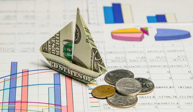 Economic growth and investment. Paper boat made of dollar bills and charts and graphs of financial indicators