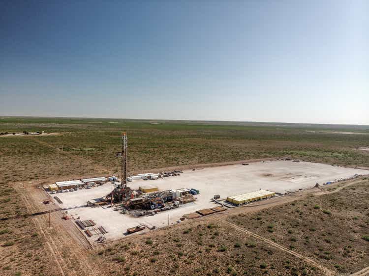 Aerial View Of An Oil Platform, Fracking, Drill Rig, In West Texas