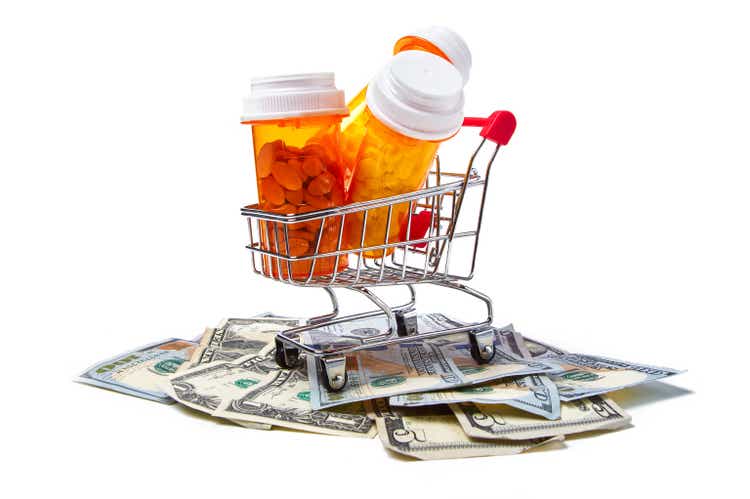 Prescription drug bottles in shopping cart on dollar bills