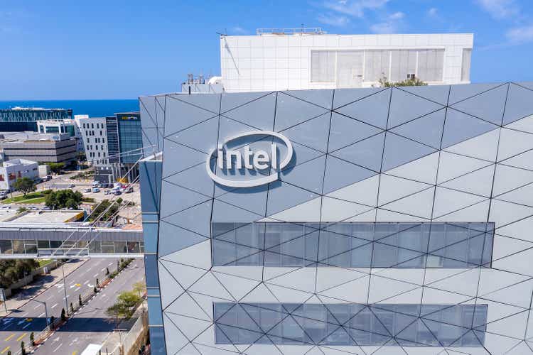 Intel logo and campus building, at M.A.T.A.M Tech compound.