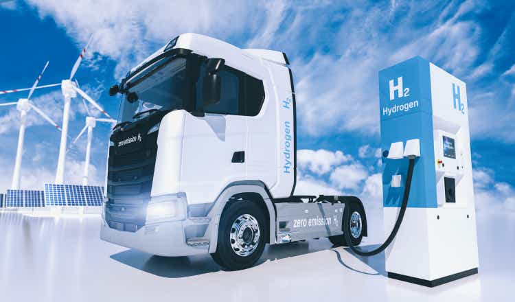 Hydrogen logo on gas stations fuel dispenser. H2-Verbrennung LKW-Motor für emissionsfreien umweltfreundlichen Transport