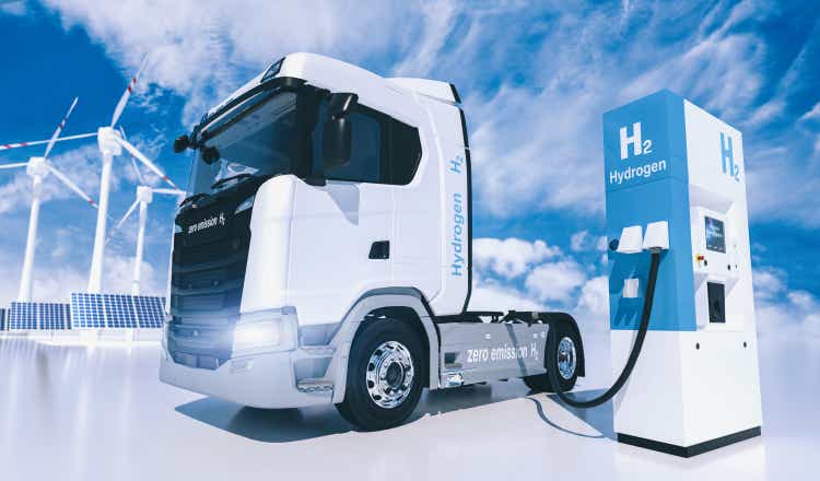 hydrogen logo on gas stations fuel dispenser. h2 combustion Truck engine for emission free ecofriendly transport