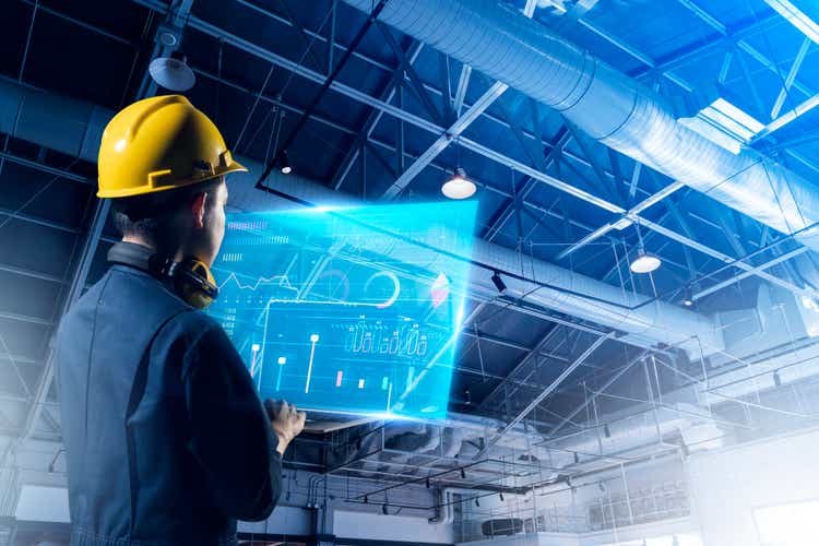 AI AR management technology app system automate robot control. Engineer work smart factory machine IOT internet of thing digital technology, futuristic smart industry digital manufacturing
