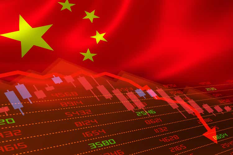 China Flag and Economic Downturn With Stock Exchange Market Indicators in Red