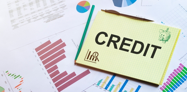 Business reports, blank paper sheet, data tables and charts - directly above view of office table workspace with CREDIT text.