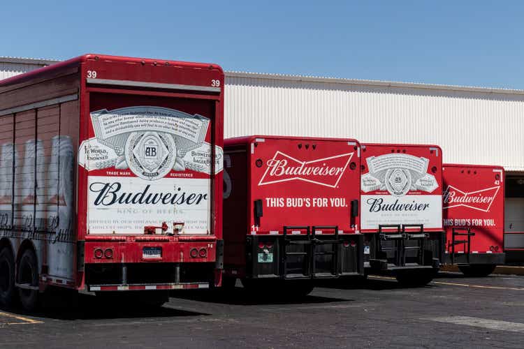 Budweiser distribution trucks. Budweiser is part of AB InBev, the largest beer company in the world.