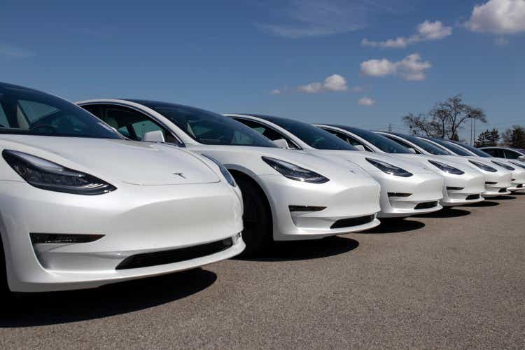 Tesla electric vehicles awaiting preparation for sale. Tesla EV Model 3, S and X are a key to a cleaner and greener environment.