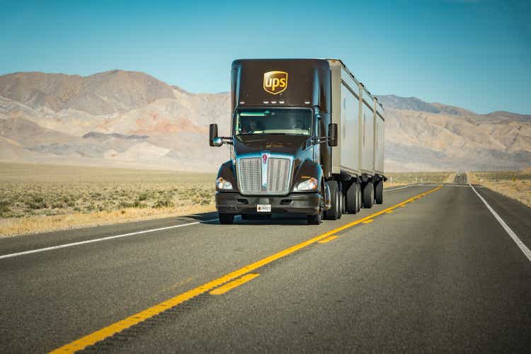 UPS (United Parcel Service) truck on lonely Interstate in the American West