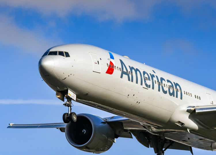 Close up view of an American Airlines Boeing 777 passenger jet in flight