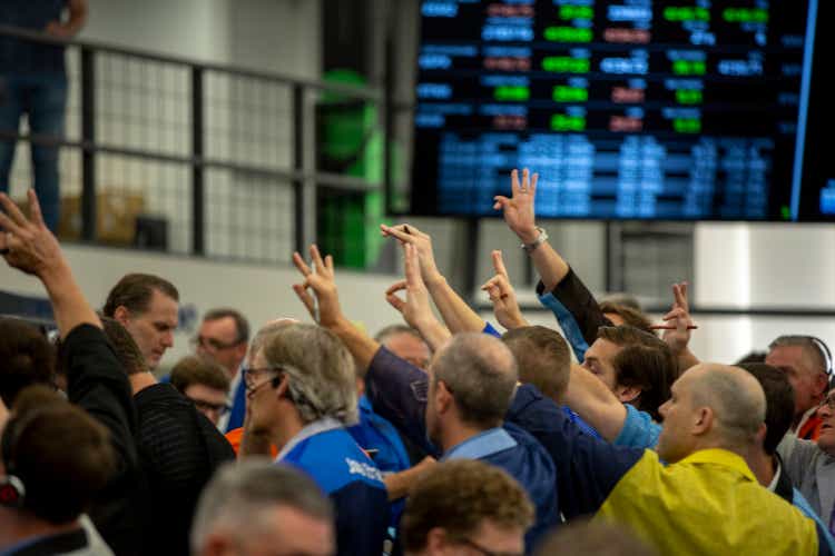 Traders work on the new floor of the Chicago options exchange