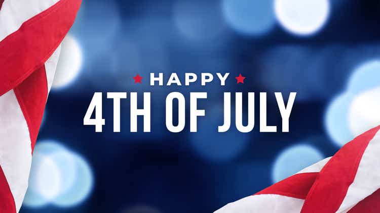 Happy 4th of July Text Over Blue Lights Texture Background and American Flags