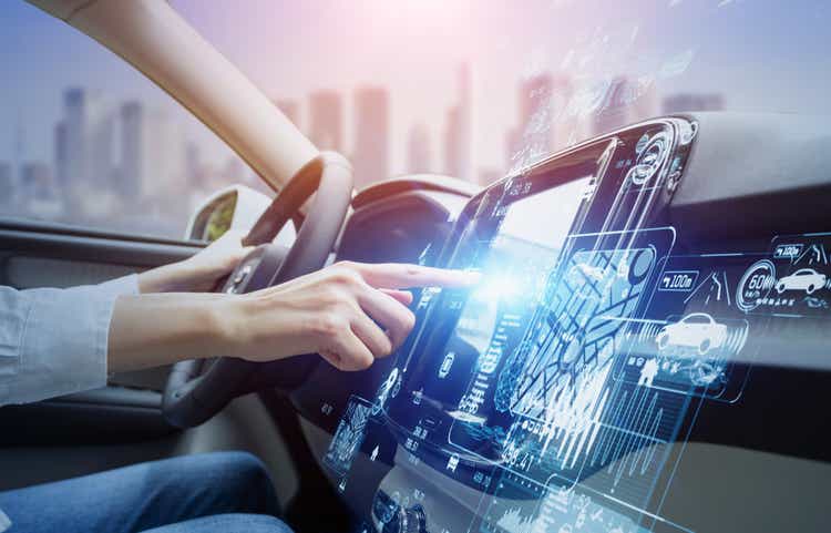 futuristic vehicle and graphical user interface(GUI). intelligent car. connected car. Internet of Things. Heads up display(<a href='https://seekingalpha.com/symbol/HUD' title='Hudson Ltd.'>HUD</a>).