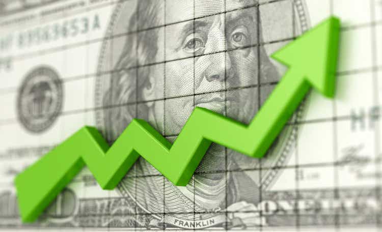 Successful business chart with green upward arrow and dollars background. Profit and money. Financial and business charts. Stock market growth 3d illustration.