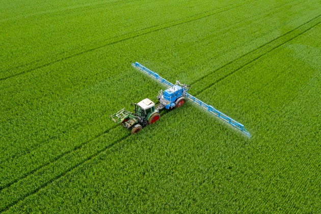 Tractor spraying wheat field, aerial view