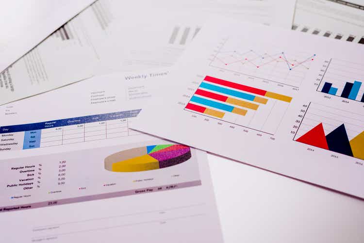 Documents with an economic report, full of colorful graphs with macro-economic data.