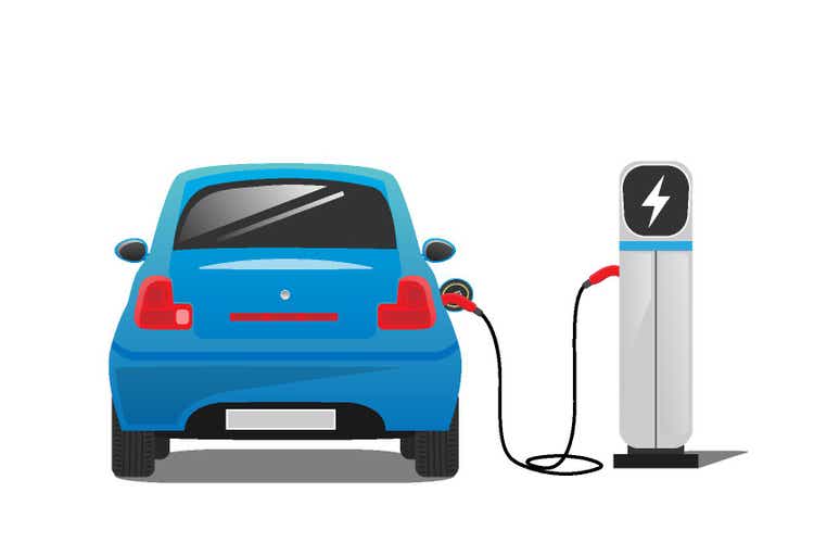 Blue electric car with electric car charging station on white background
