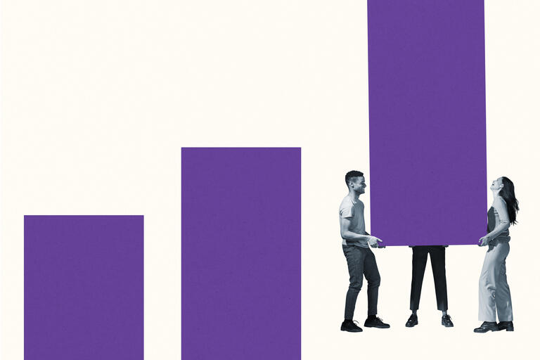 Young friends carrying large purple bar graph