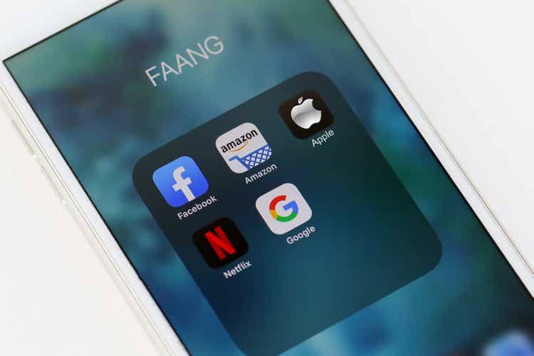 Tel Aviv, ISRAEL - May 28 2020 : FAANG Big Tech icons (Facebook, Amazon, Apple, Netflix & Google). FAANG is an acronym Of the 5 strong stocks in the Nasdaq technology stocks index.