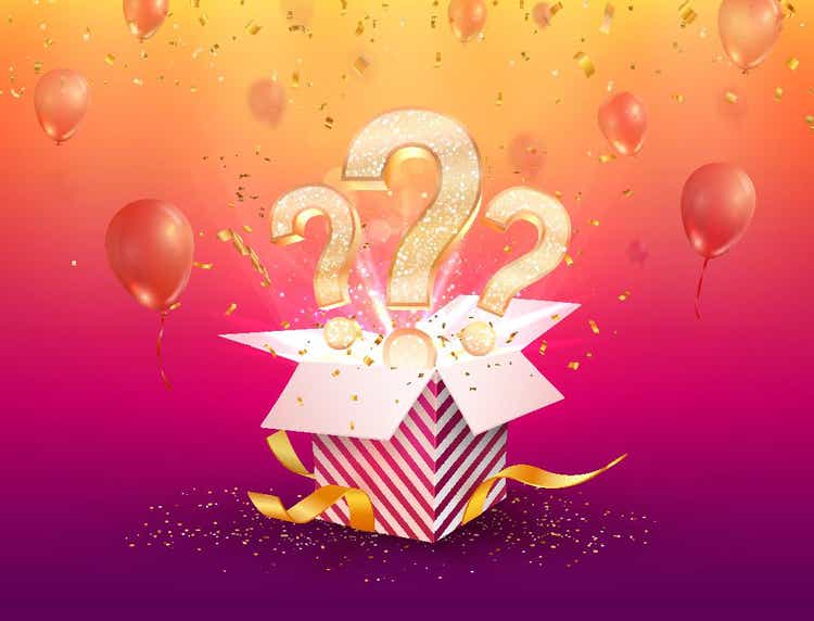 Winning gifts lottery vector illustration. Open textured box with question marks and confetti explosion off and on bright background.