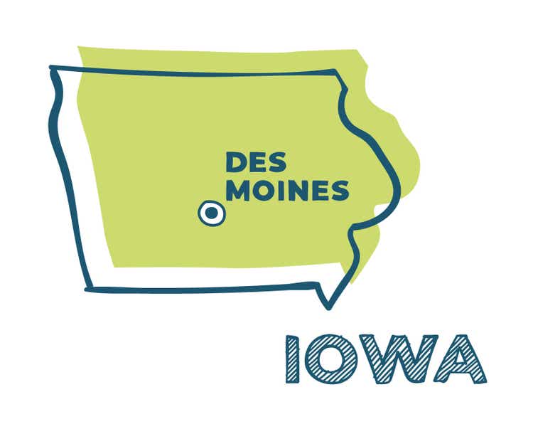 Doodle vectorkaart van de staat van Iowa van de V.S. Met legendes van staat en kapitaal