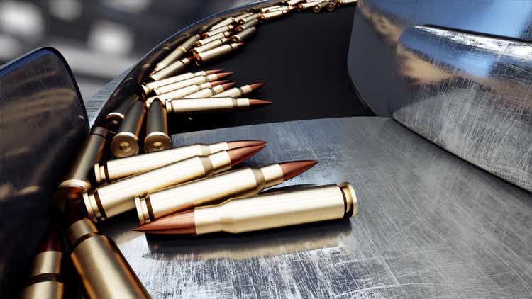 Process of production of bullets. Industrial concept. Factory equipment and macine. Steel. 3d rendering.