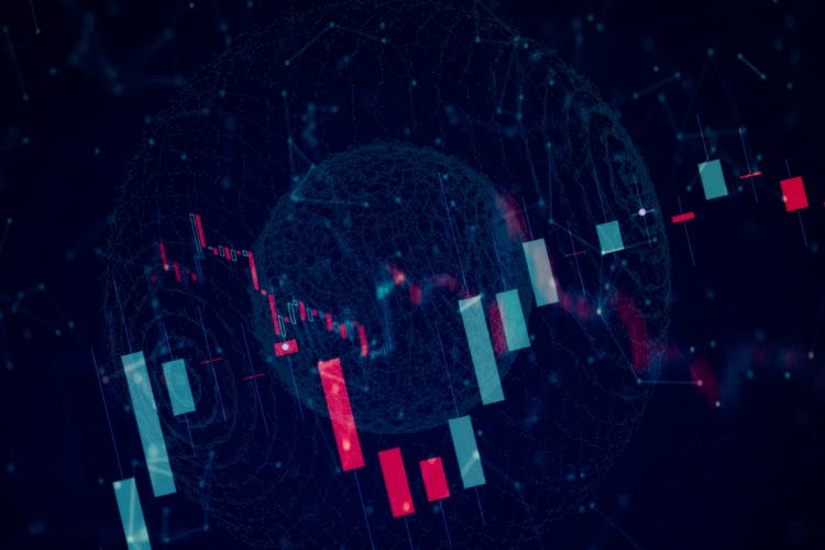 financial instruments with various type of indicators including volume analysis for professional technical analysis on the monitor of a computer. Fundamental and technical analysis concept.