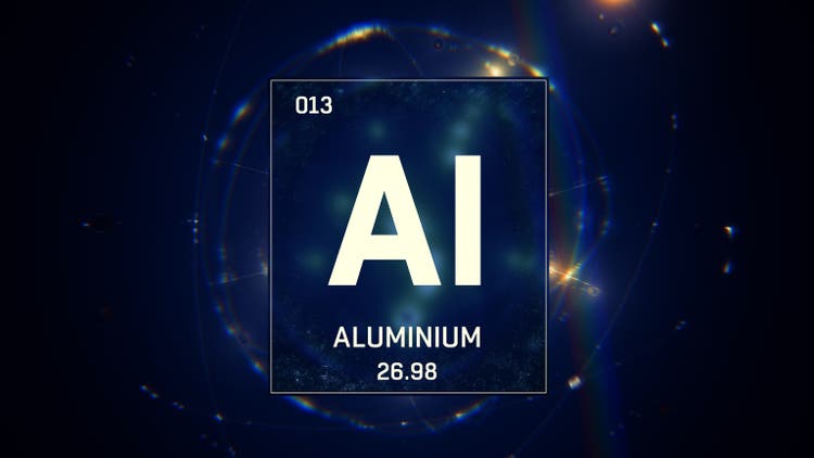 Aluminium as Element 13 of the Periodic Table 3D rendering on blue background