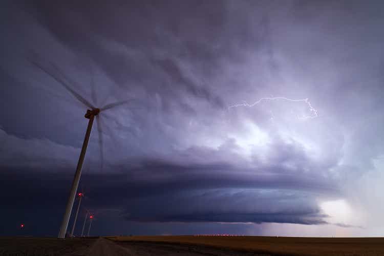 Supercell thunderstorm over a wind farm in Kansas