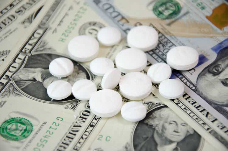 white pills lie on dollars. expensive medicine