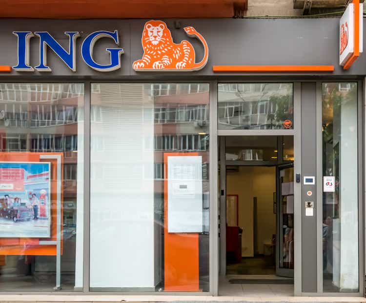 Bucharest/Romania - 06.22.2020: ING Bank branch in Bucharest. Entrance with a logo at the entrance of an ING bank branch in Romania.