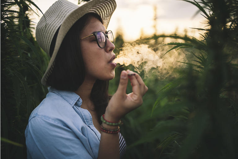 Beautiful Woman Smoking Marijuana In Plantation.