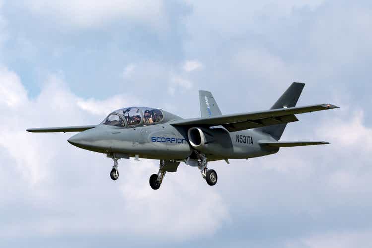 Textron AirLand Scorpion aircraft on approach to land at RAF Fairford.