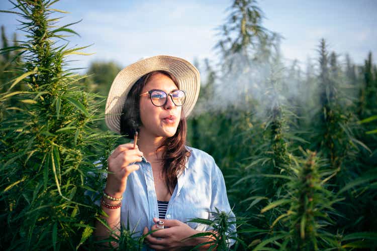 Smiling Woman Smoking Marijuana In Marijuana Field.