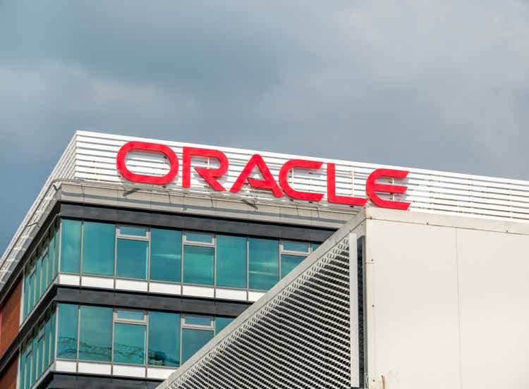 Oracle headquarter building in Bucharest. Logo of the Oracle company on a office building.