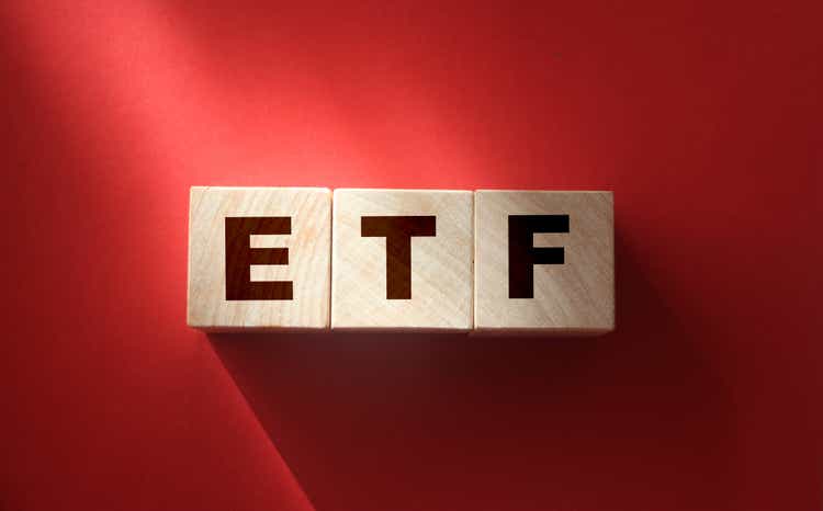 ETF, Exchange Traded Fund, on wooden blocks. Financial concept