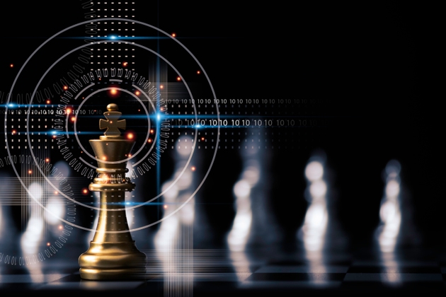 Golden king chess stand in front of others chess pieces. Leadership business teamwork and marketing strategy planing concept.