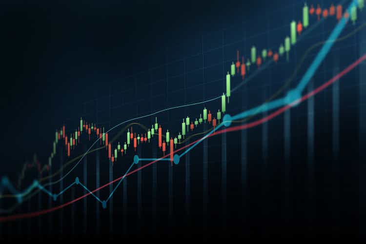 Abstract financial graph with up trend line candlestick chart in stock market on blue colour background