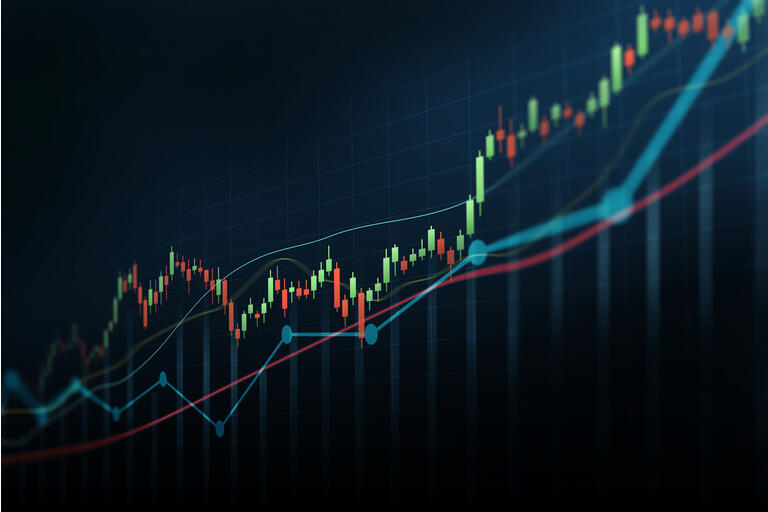 Abstract financial graph with up trend line candlestick chart in stock market on blue colour background