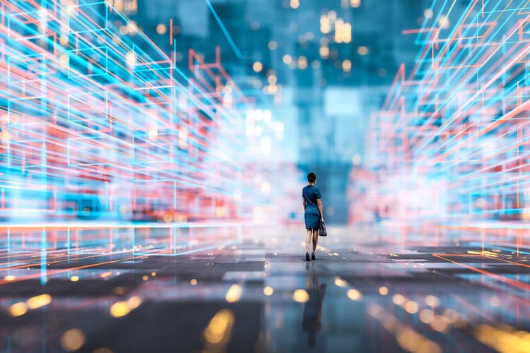 Futuristic city VR wire frame with businesswoman walking