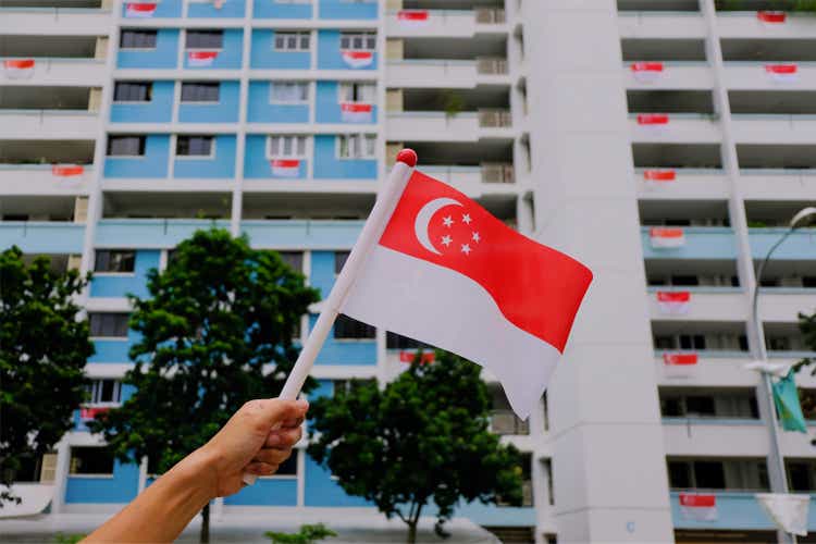 Hand waving Singapore flag outside on sunny day, HDB flats in background, with trees foliage