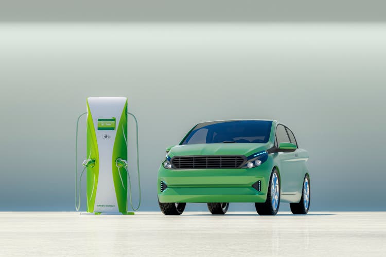 Modern electric car with electric charging station