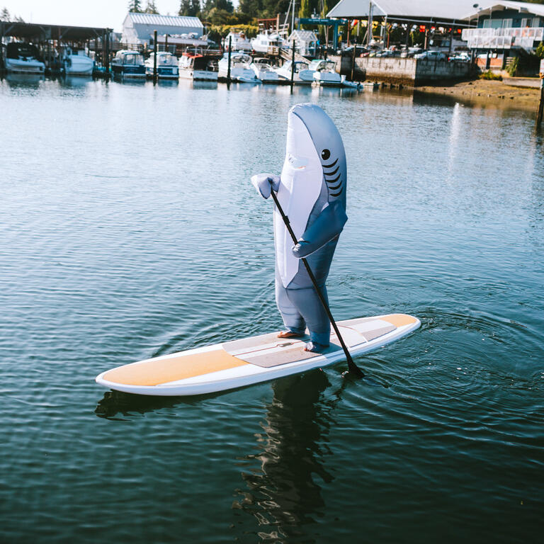 Gran tiburón blanco montando en paddleboard