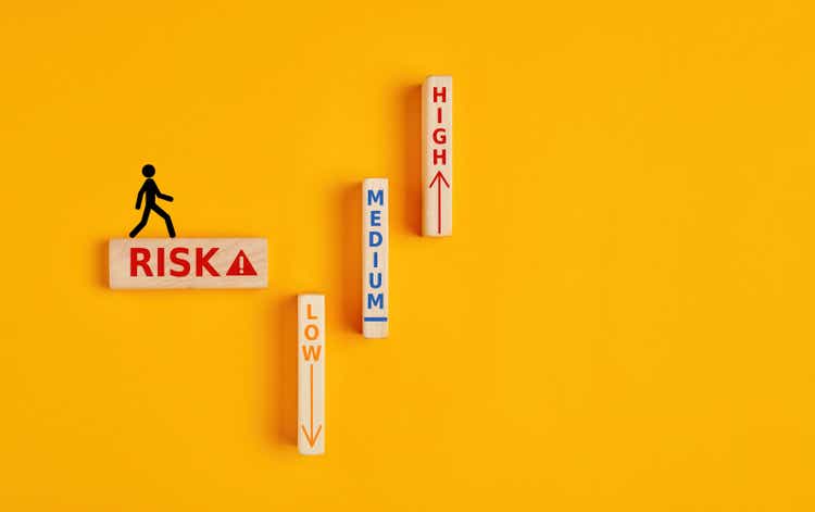 The words risk, medium, high and low written on wooden blocks. Risk assesment, analysis or risk taking concept