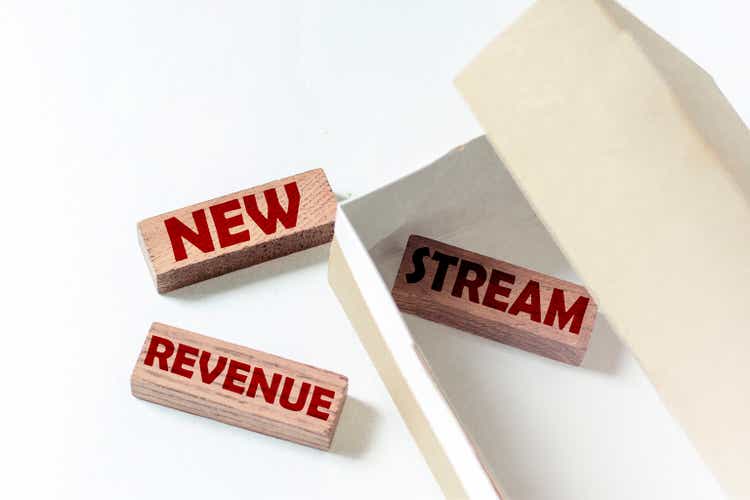 wooden blocks with text New Revenue Stream in a box on a white background