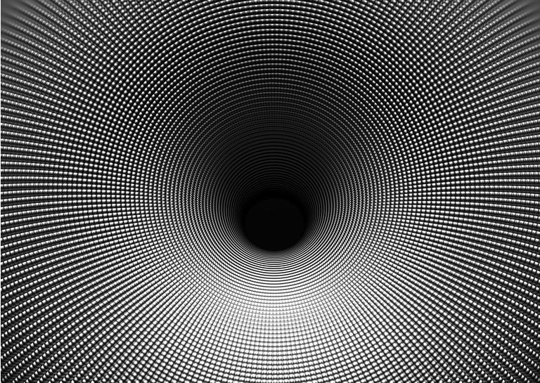 3d render of abstract black and white monochrome art 3d background with surreal funnel tunnel or black hole in the center in metal aluminum metal with fractal cubical pattern on surface