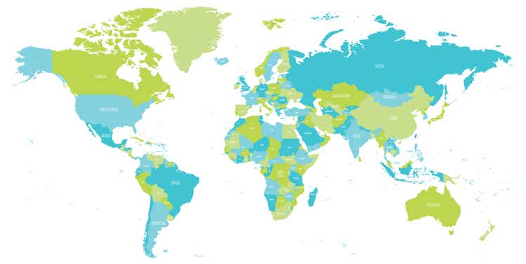 Map of World in shades of green and blue. High detail political map with country names. Vector illustration